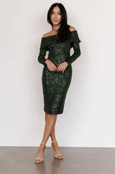 Karma Off Shoulder Sequin Midi Dress | Dark Green